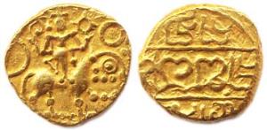 Hoyasalas of Dorasamudra, Vishnuvardhan (AD 1106-1153), Gold, 4.11 g, Pagoda, Durga on Lio