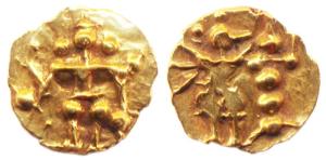 Southern India, Gold, 0.42 g, Fanam, a warrior standing, facing front on obv; a Garuda sta