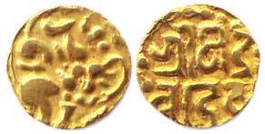 Kalachuris of Ratnapura, Ratna Deva (AD 1120-1135), base Gold, 0.96 g, ¼ Dinar, tiger moun