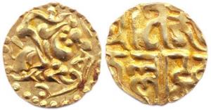 Kalachuris of Ratnapura, Jajjalla Deva (AD 1160-1168), base Gold, 3.70 g, Dinar, tiger mou