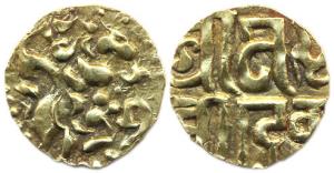 Kalachuris of Ratnapura, Prithivi Deva (AD 1141-1158), base Gold, 3.78 g, Dinar, tiger mou