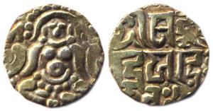 Kalachuris of Tripuri, Gangeya Deva (AD 1015-1040), Base Gold, 3.83 g, Dinar, Goddess Laks