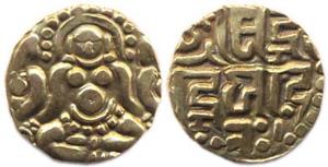 Kalachuris of Tripuri, Gangeya Deva (AD 1015-1040), Base Gold, 3.93 g, Dinar, Goddess Laks