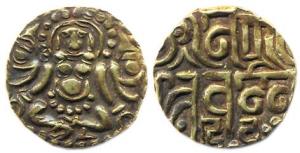 Chandellas of Jejakabhukti, Kirtti Varman (AD 1098), base Gold, 4.07 g, Dinar, seated Laks