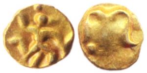 Shilaharas of Kolapur, Gold, 0.14 g, ¼ Fanam, Garuda on obv, Kannada character on rev. Ver