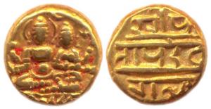 Vijayanagara, Devaraya I, Gold, 3.41 g, Pagoda, Uma-Maheshwara seated on obv; Nagari legen