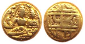 Vijayanagara, Devaraya I, Gold, 3.38 g, Pagoda, Uma-Maheshwara seated on obv; Nagari legen