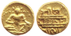 Vijayanagara, Devaraya I, Gold, 1.66 g, ½ Pagoda, Bala-Krishna seated on obv; three line N