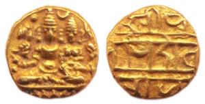 Vijayanagara, Hari Hara II, Gold, 1.71 g, ½ Pagoda, Uma-Maheshwara seated on obv; Nagari l