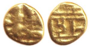 Vijayanagara, Hari Hara II, Gold, 0.74 g, ¼ Pagoda, Uma-Maheshwara seated on obv; Nagari l