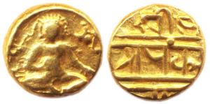 Vijayanagara, Krishna Deva Raya, Gold, 3.37 g, Pagoda, Bala-Krishna seated on obv; Nagari 