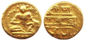 Vijayanagara, Krishna Deva Raya, Gold, 1.68 g, ½ Pagoda, Bala-Krishna seated on obv; crude