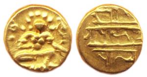 Vijayanagara, Krishna Deva Raya, Gold, 1.66 g, ½ Pagoda, Bala-Krishna seated on obv; crude