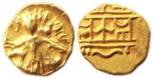 Vijayanagara, Krishna Deva Raya, Gold, 1.66 g, ½ Pagoda, Bala-Krishna seated on obv crude 