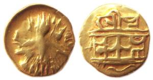 Vijayanagara, Achyuta Deva Raya, Gold, 1.65 g, ½ Pagoda, Ganda-Bhairanda on obv, shallow i