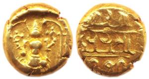 Vijayanagara, Achyuta Deva Raya, Gold, 3.30 g, Pagoda, Tirupati Balaji on obv; crude Nagar