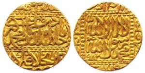 Akbar, Gold, 10.90 g, Mohur, Agra Mint, AH 982 on obv, Kalima type. Broad flan, Very Fine,