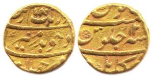 Aurangzeb, Gold, 10.91 g, Mohur, Kabul Mint, AH 1(0)80/12, badr-i-munir type (KM# 315.24).