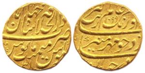 Aurangzeb, Gold, 10.90 g, Mohur, Shahjahanabad Mint, AH 1099/31 (KM# 315.42). About Extrem