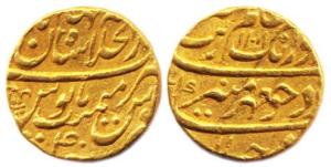 Aurangzeb, Gold, 10.92 g, Mohur, Shahjahanabad Mint, AH 1108/40 (KM# 315.42). About Very F