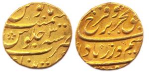 Farrukhsiyar (AD 1713-1719), Gold, 10.95 g, Mohur, Khujista Bunyad Mint, RY 3 (KM# 390.19)