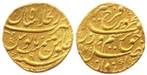 Farrukhsiyar, Gold, 10.86 g, Mohur, Shahjahanabad Mint, AH 1129/6. Broad flan (KM# 390.30)