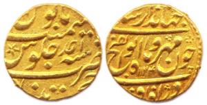 Jahandar Shah (AD 1712), Gold, 10.97 g, Mohur, Khujista Bunyad Mint, Abu al Fath type, AH 
