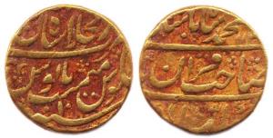 Muhammad Shah, Gold, 10.87 g, Mohur, Shahjahanabad Mint, AH 113x/10, Sahib-i-qiran type (K