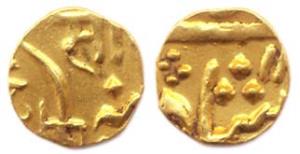 Sayaji Rao II (AD 1819-1847), Gold, 2.15 g, 1/3 Mohur, initial Sa in Nagari on obv, not in