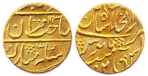 Lashkar Mint, Gold, 10.85 g, Mohur, in the name of Muhammad Shah, Sahib-i-qiran type, Shah
