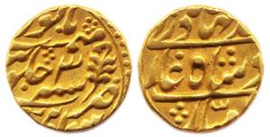 Gold, 10.87 g, Mohur, in the name of Ahmad Shah Bahadur, Sawai Jaipur Mint, RY 3 (KM# 13).