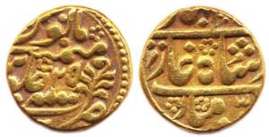 Gold, 10.82 g, Mohur, in the name of Bahadur Shah II, Sawai Jaipur Mint, RY 25 (KM# 102). 