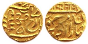 Umaid Singh, Gold, 10.98 g, Mohur, with the name of George V, Aum in Nagari on rev. Very F