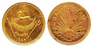 Dharmendra Singh (AD 1930-1948), Gold, 5.90 g, Mohur, AD 1945, Medallic Issue. About Extre