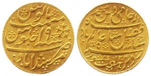 Murshidabad Mint, Gold, 12.37 g, Mohur, in the name of Shah Alam II, AH 1202/19, crescent 