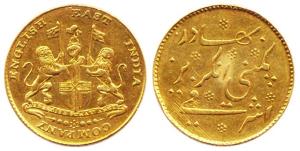 Gold, 11.65 g, Mohur, ND (AD 1819 issues), small letters on obv (KM# 421.1). Very Fine+, R