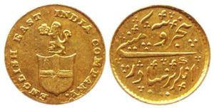 Gold, 3.86 g, 5 Rupees, ND (AD 1820 issues), KM# 422. Ex-mount, Very Fine, Scarce.