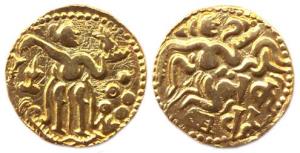Chola-type issues, Lankeshwara, Gold, 4.27 g, Kahavanu, King standing to right on obv; a s
