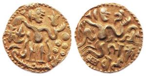 Chola-type issues, Lankeshwara, Gold, 4.34 g, Kahavanu, King standing to right on obv; a s