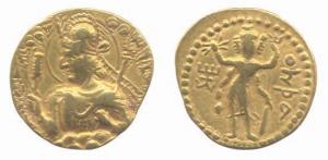 Kushanas, Huvishka, Gold, 7.74 g, Dinar, Ohsho type, King seating on clouds, facing left, 