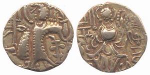 Kidara Kushana, Base Gold, king standing to left on obv; Goddess seated on lotus on rev. A