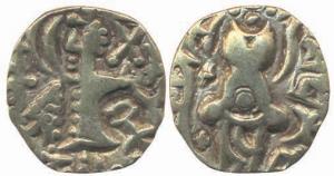 Kashmir, Karkotakas, Pratapaditya, Base Gold, king to left on obv; goddess seated on rev. 