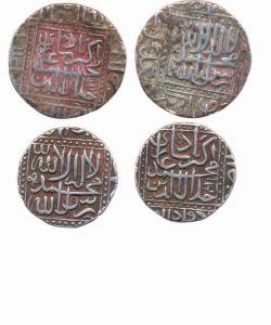 Akbar, Silver (2), Rupee, square-area type Kalima coins of Ahmedabad Mint, AH 982 and 984.