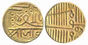 Jam Vibhaji, Gold, Kori, with the name of Muzaffar Shah III and Nagari Shri Jam, frozen AH