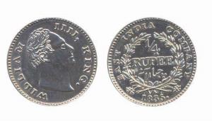 William IV, Silver, ¼ Rupee, 1835, Proof Restrike, F incused variety. Proof, Very Rare.