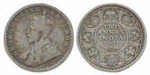 George V, Silver, 2 Annas, 1911, Calcutta Mint. Fine+, Scarce.