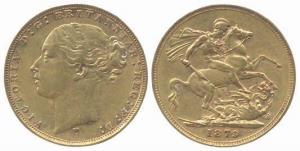 Australia, Victoria, Gold, Sovereign (Guinea), 8 g, 1879 M, Melbourne Mint. About Very Fin