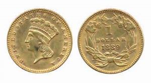USA, Gold, 1.67 g, 1 Dollar, 1889, Red Indian Head type. Very Fine.