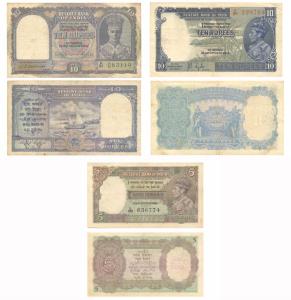 British India, George VI, Rupees 10, 10 & 5, 1st issue - Rs. 10 & 5, 1938, signed J. B. Ta