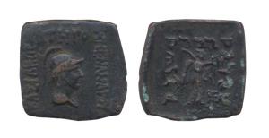Indo-Greeks, Menander I, Copper, Square, helmeted bust of the king to right on obv; Nike s